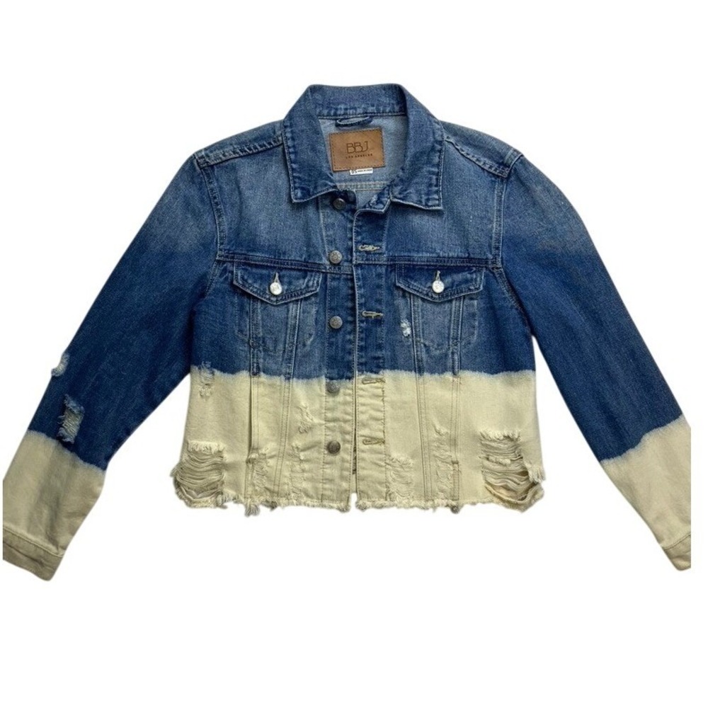 BBJ‎ Los Angeles Womens Denim Jacket Blue Cream Dip Dye Distressed Size S